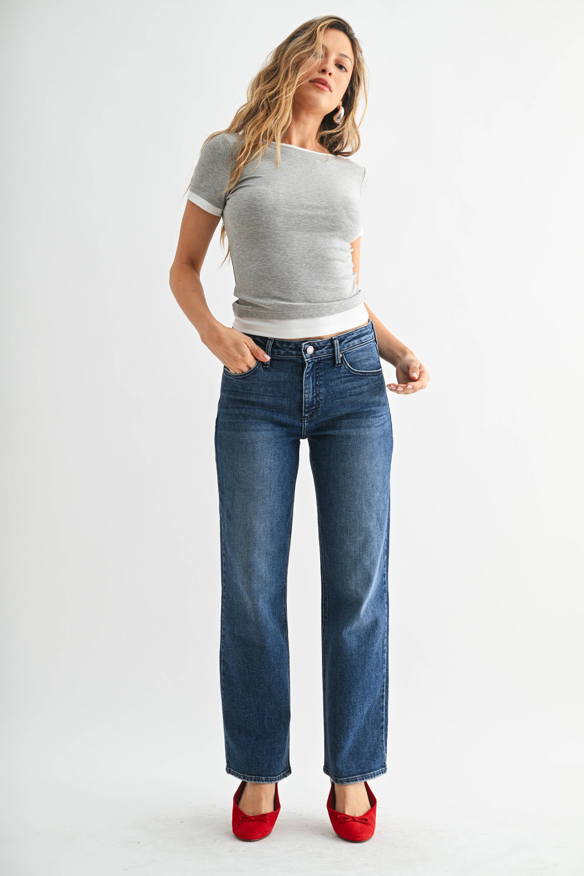 Stretchy Straight Mid Rise Dark Denim Jeans