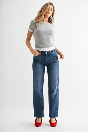 Stretchy Straight Mid Rise Dark Denim Jeans
