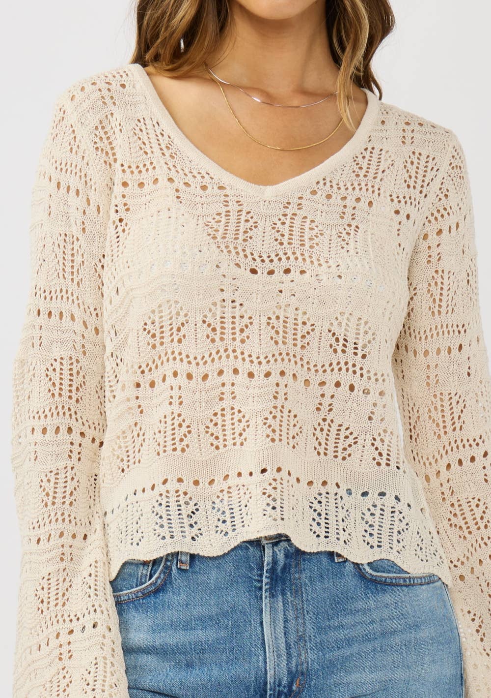 V-Neck Crochet Knit Top