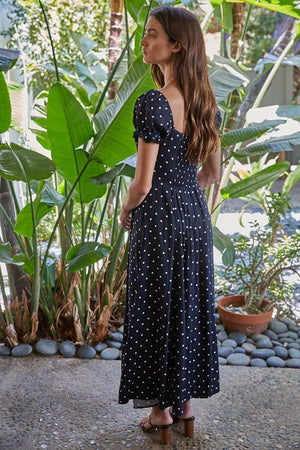 Polka Dot Print Black Smocked Dress