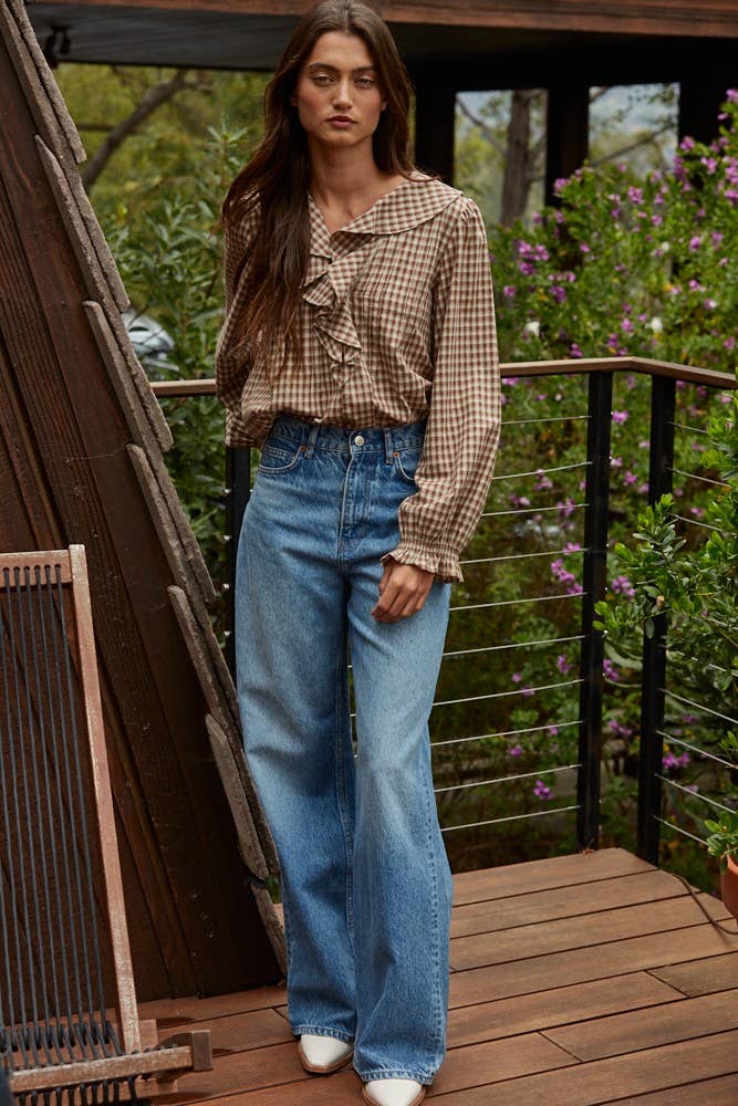 Beth Woven Cotton Gingham Ruffled Blouse