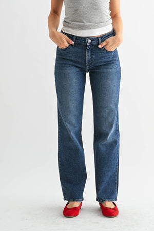 Stretchy Straight Mid Rise Dark Denim Jeans