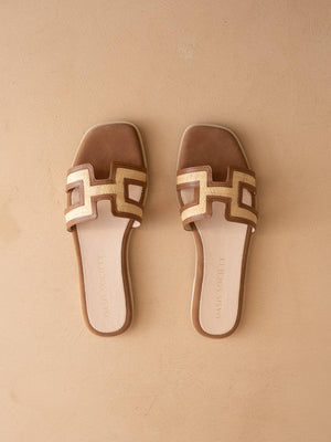 The Ena Brown H Cutout Raffia Slide Sandal