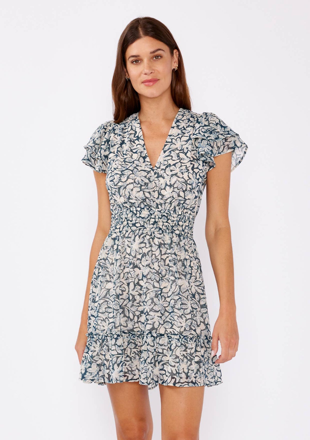 Deven Floral Chiffon Open Back V Neck Mini Dress