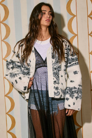 Paisley Print Drop Shoulder Teddy Jacket