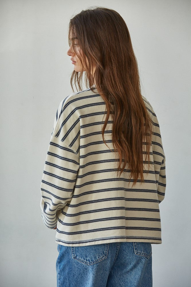Knit Cotton Striped Crew Neck Long Sleeve Pullover