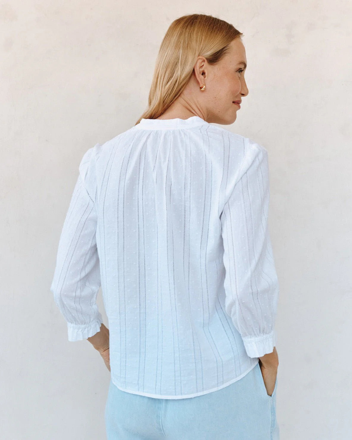 Bella Dahl 3/4 Sleeve Tie Neck White Blouse