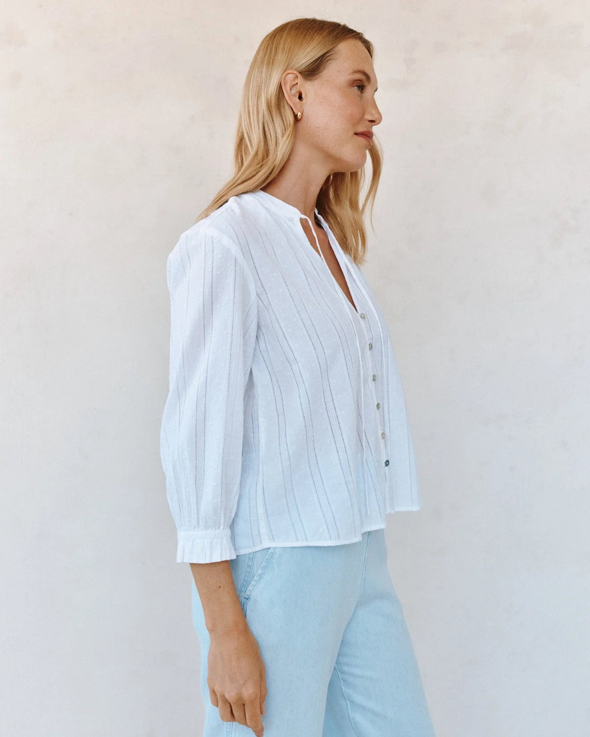 Bella Dahl 3/4 Sleeve Tie Neck White Blouse