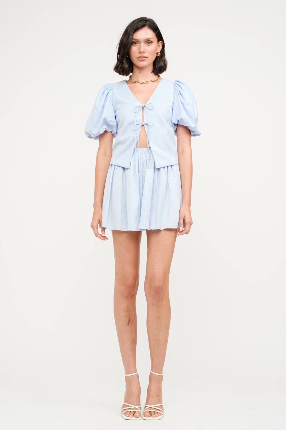 Aria Blue Linen Tie-Front Blouse