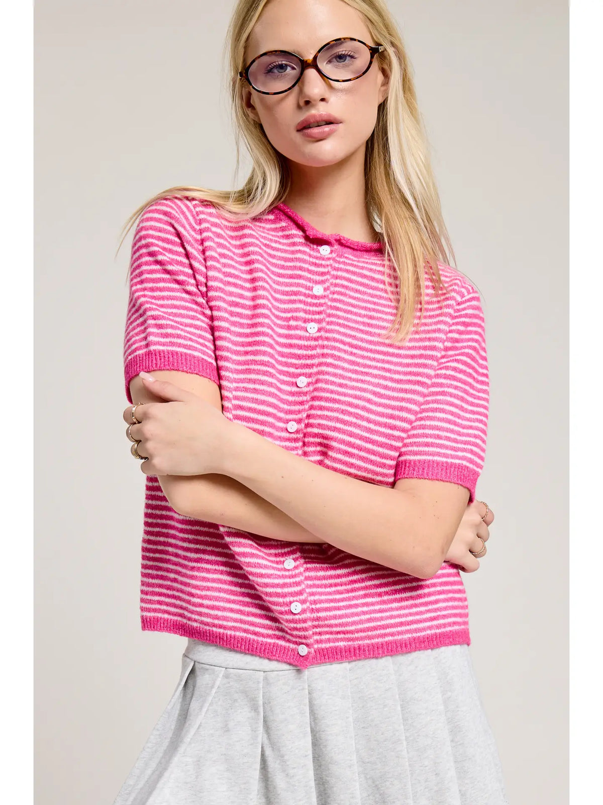 Striped Short Sleeve Essential Button Cardigan