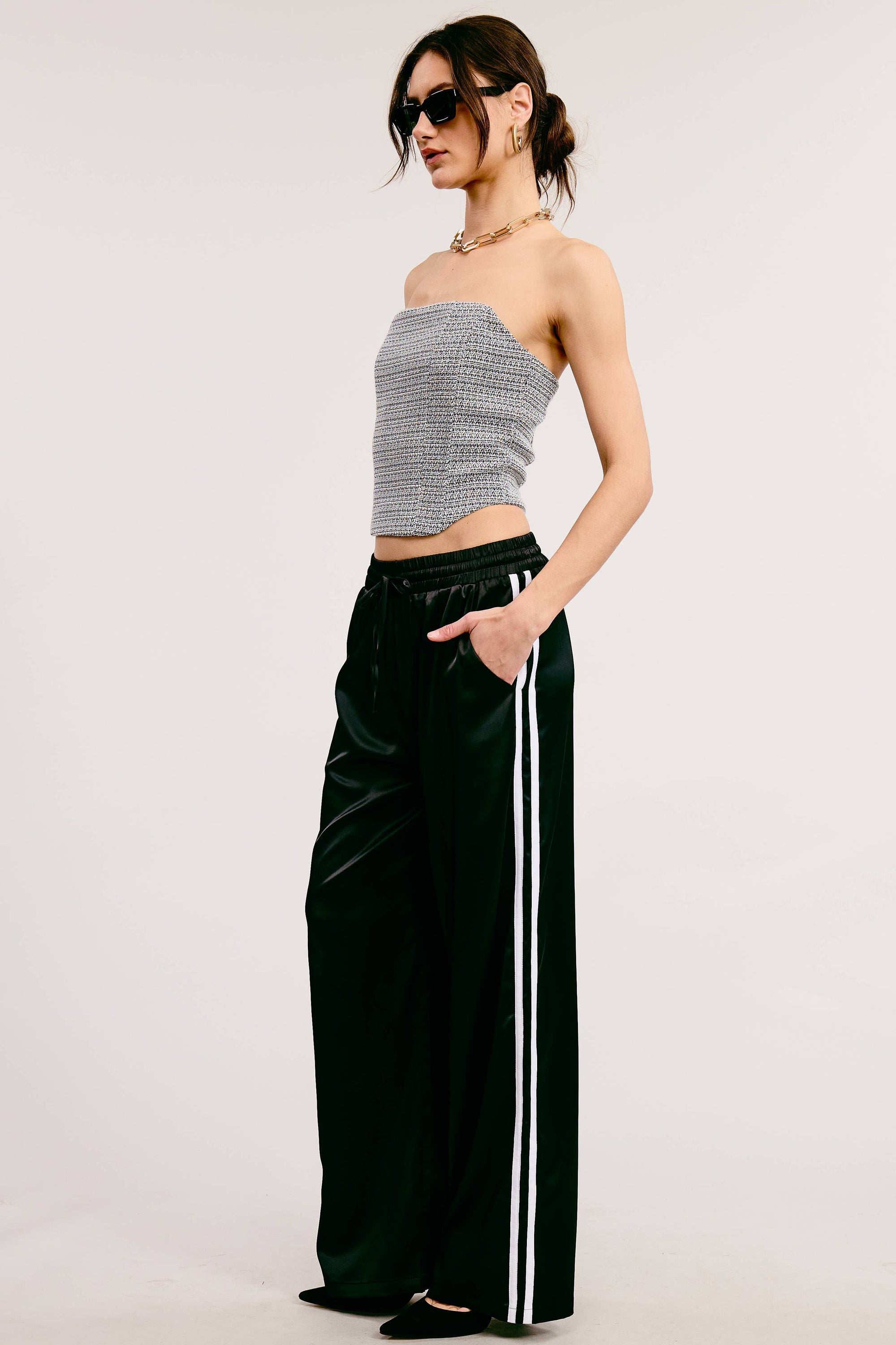 Aria Black Satin Track Pants with Side Stripes
