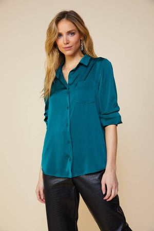 Long Sleeve Satin Button Down Shirt With Pocket