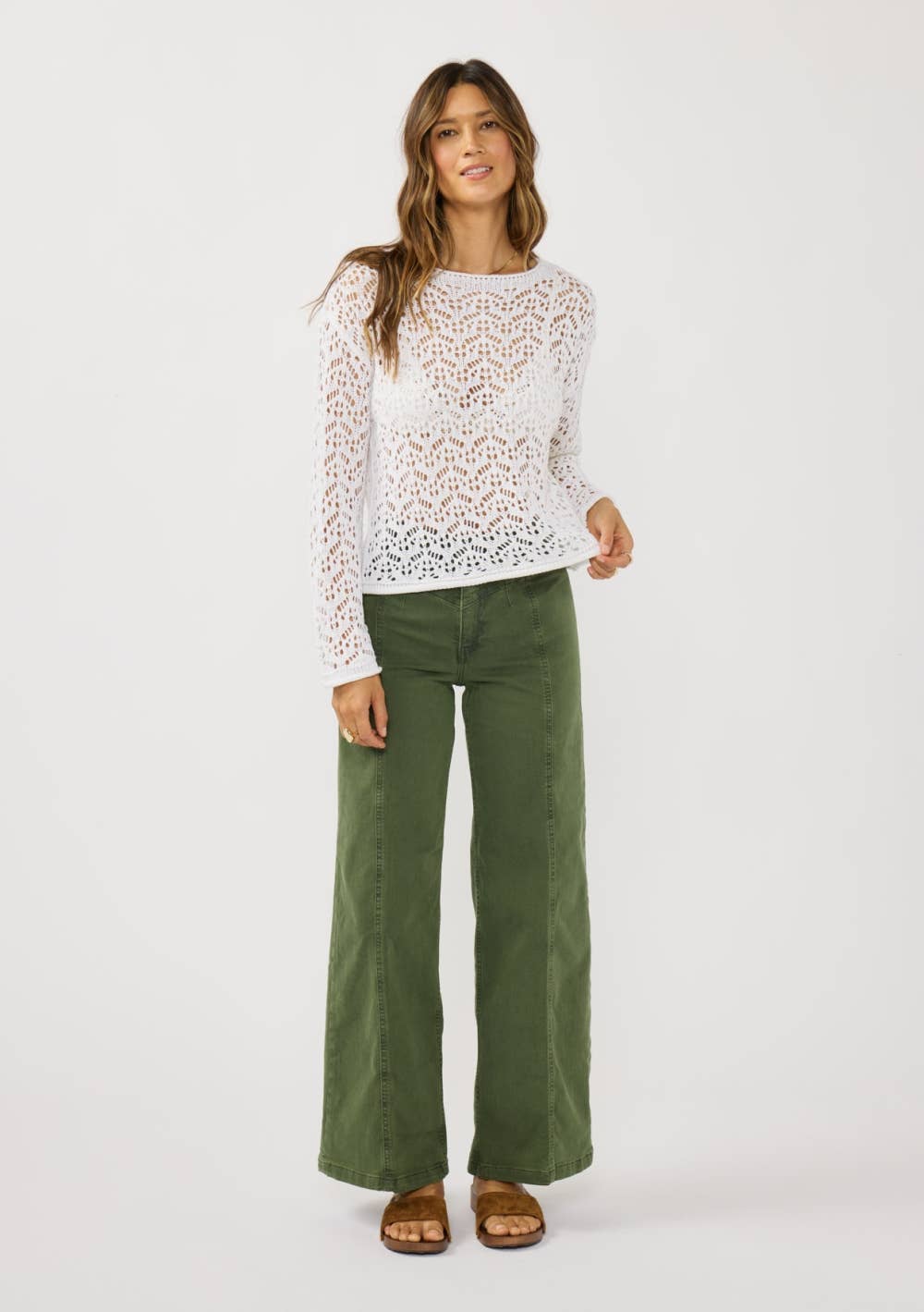 Long Sleeve Drop Shoulder Crochet Knit Crop Top