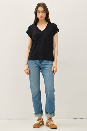 V-neck Roll Sleeve Bamboo Tee