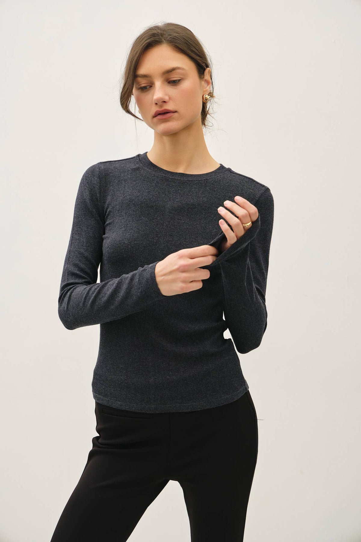 Ribbed Crewneck Long Sleeve Basic Top