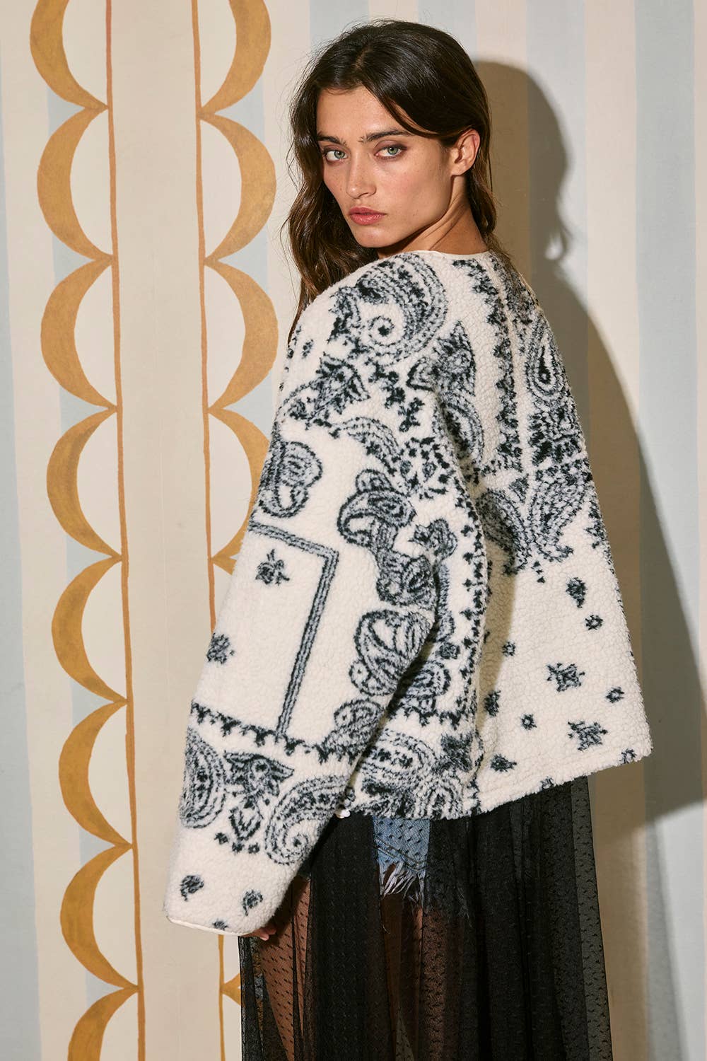 Paisley Print Drop Shoulder Teddy Jacket