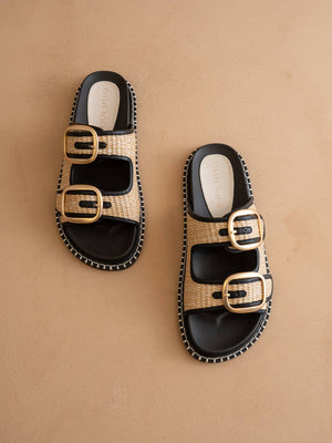 The Daytona Black Two-Tone Raffia Gold Buckle Sandal