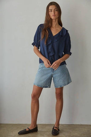 Woven Cotton Buttondown V-Neck Short Sleeve Top