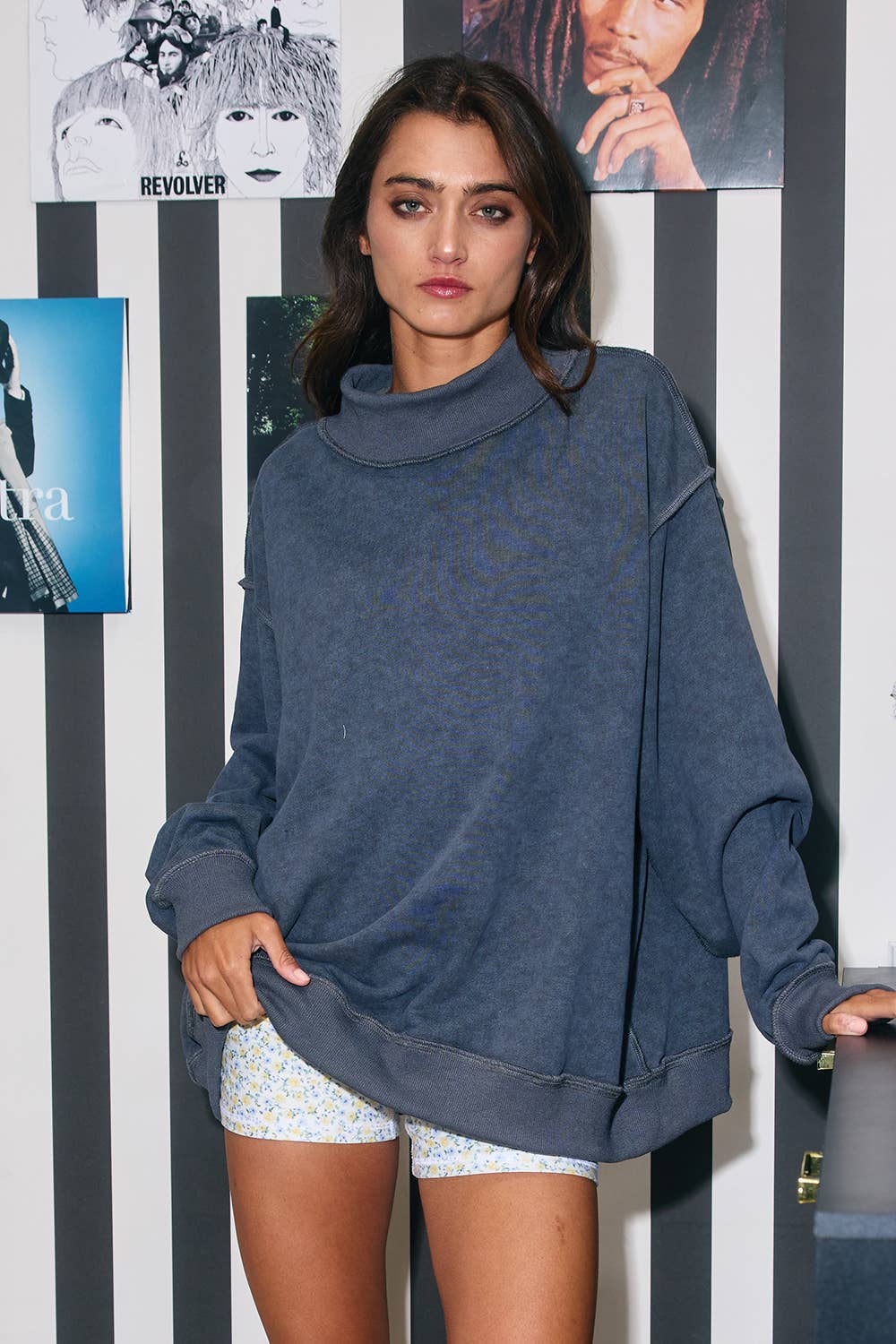 Vintage Wash Print Mock Neck Oversized Sweatshirt