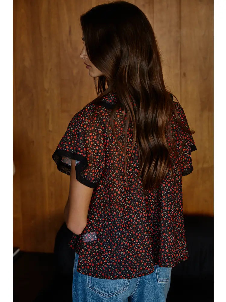 Woven Polyester Floral Print Collared Top