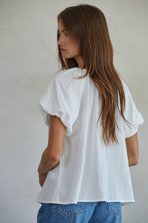 Woven Cotton Nylon Balloon Short Sleeve Top