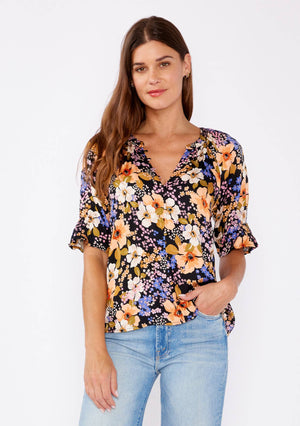Sienna Split V-Neck Smocked Sleeve Top