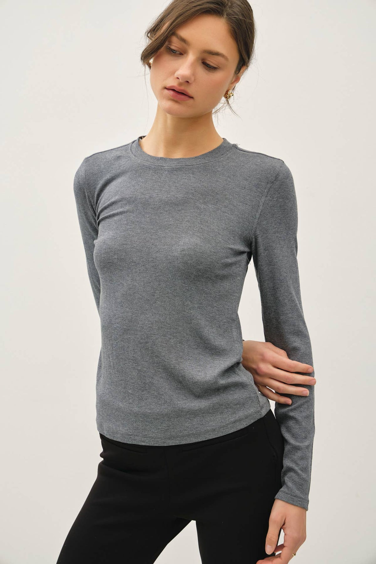 Ribbed Crewneck Long Sleeve Basic Top