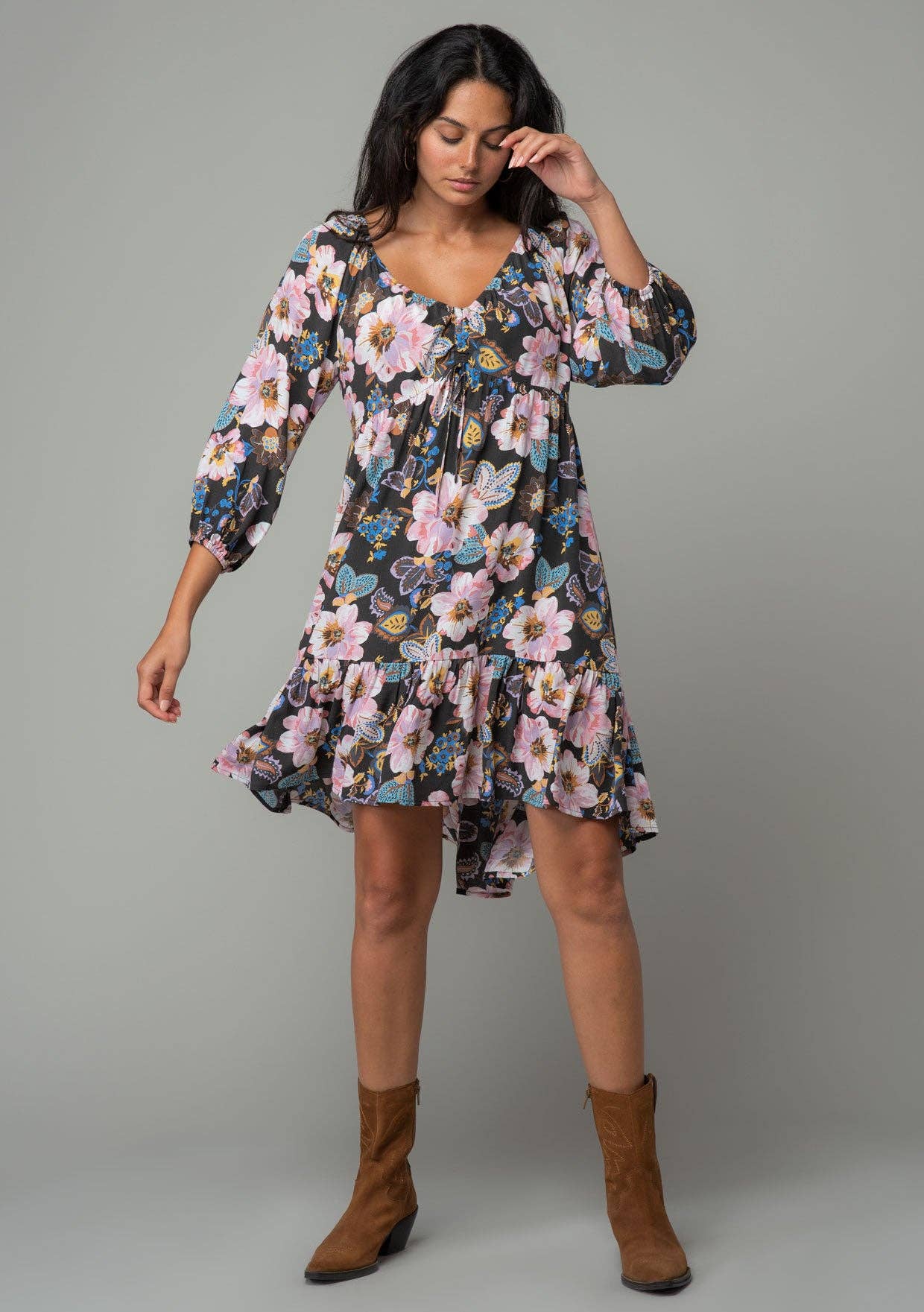 Tamsin Floral High-Low 3/4 Sleeve V Neck Mini Dress