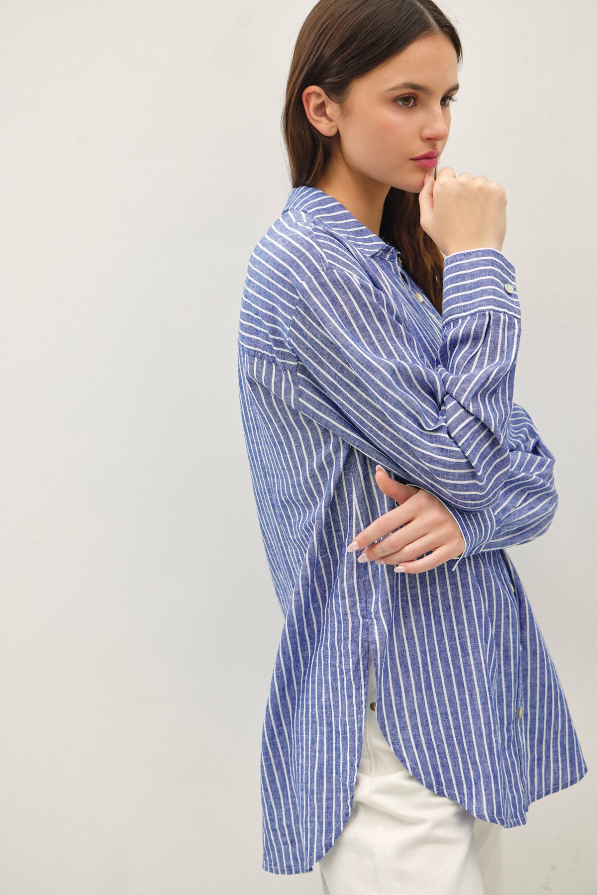 Cotton Linen Blend Striped Long Sleeve Button Up Shirt
