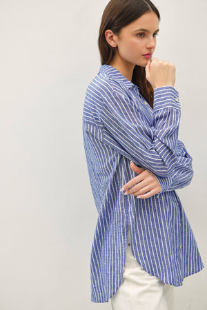 Cotton Linen Blend Striped Long Sleeve Button Up Shirt