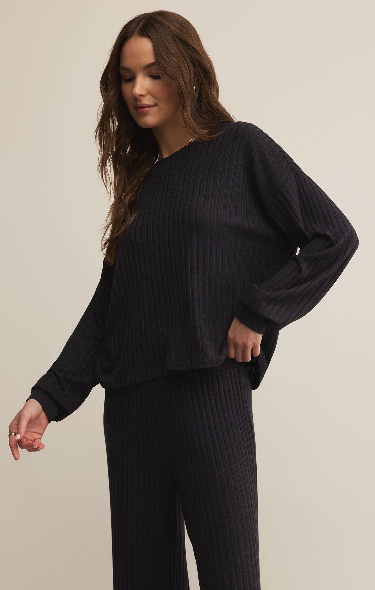 Z Supple Daydream Black Rib LS Top