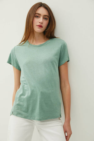 Linen Classic Round Neck Split Hem T-Shirt