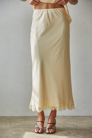 Woven Satin Midi Yellow Lace Skirt