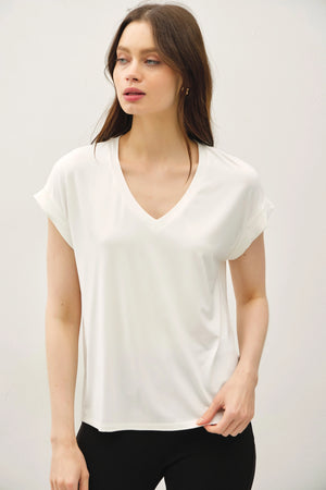 V-neck Roll Sleeve Bamboo Tee