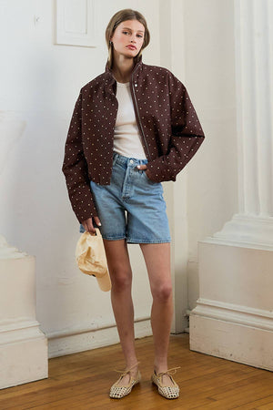 Polka Dot High Neck Drawstring Pullover Jacket in Brown Dot
