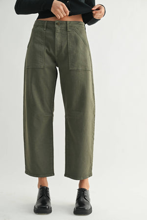 Just Black Denim Olive Utility Seamed Barrel Denim Pants