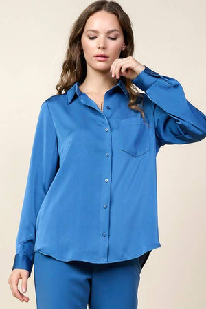 Long Sleeve Satin Button Down Shirt With Pocket