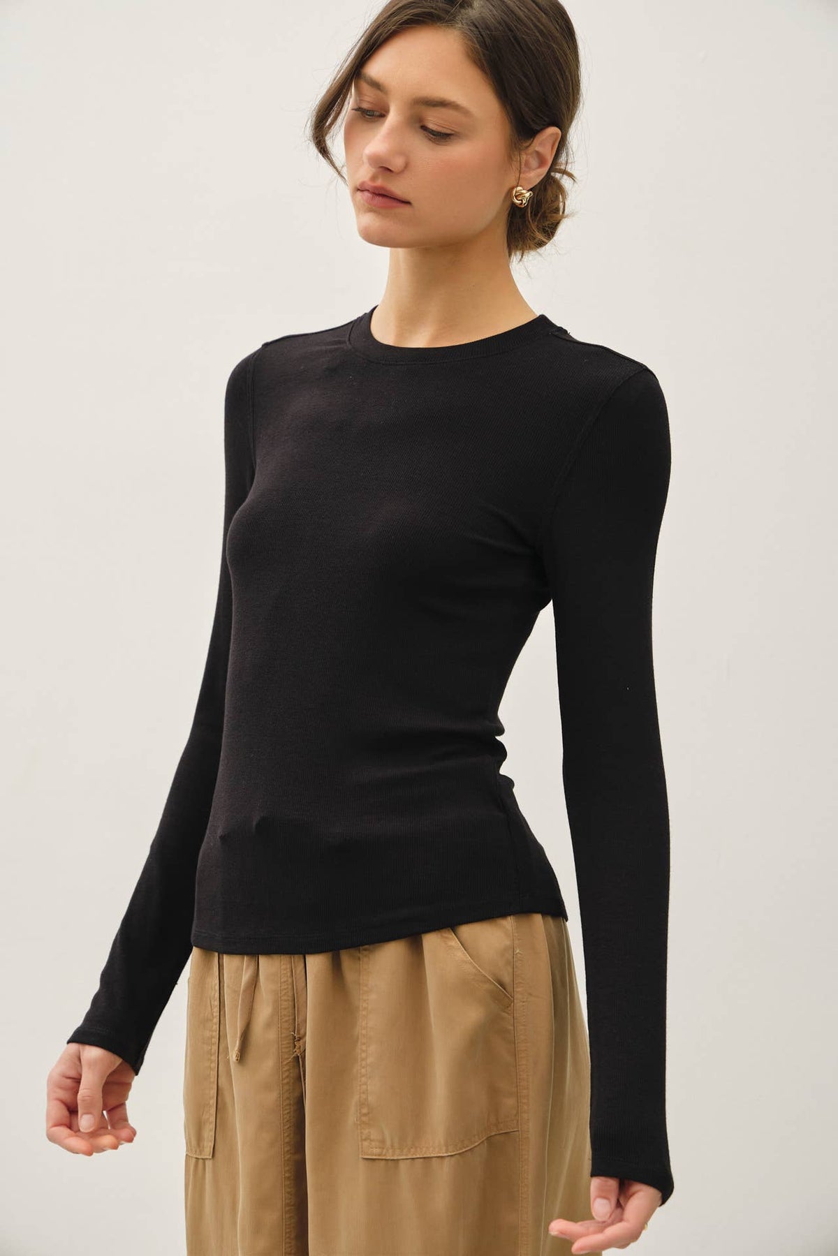Ribbed Crewneck Long Sleeve Basic Top
