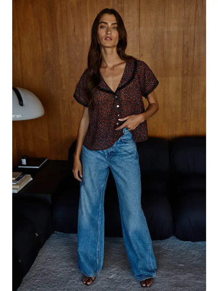 Woven Polyester Floral Print Collared Top