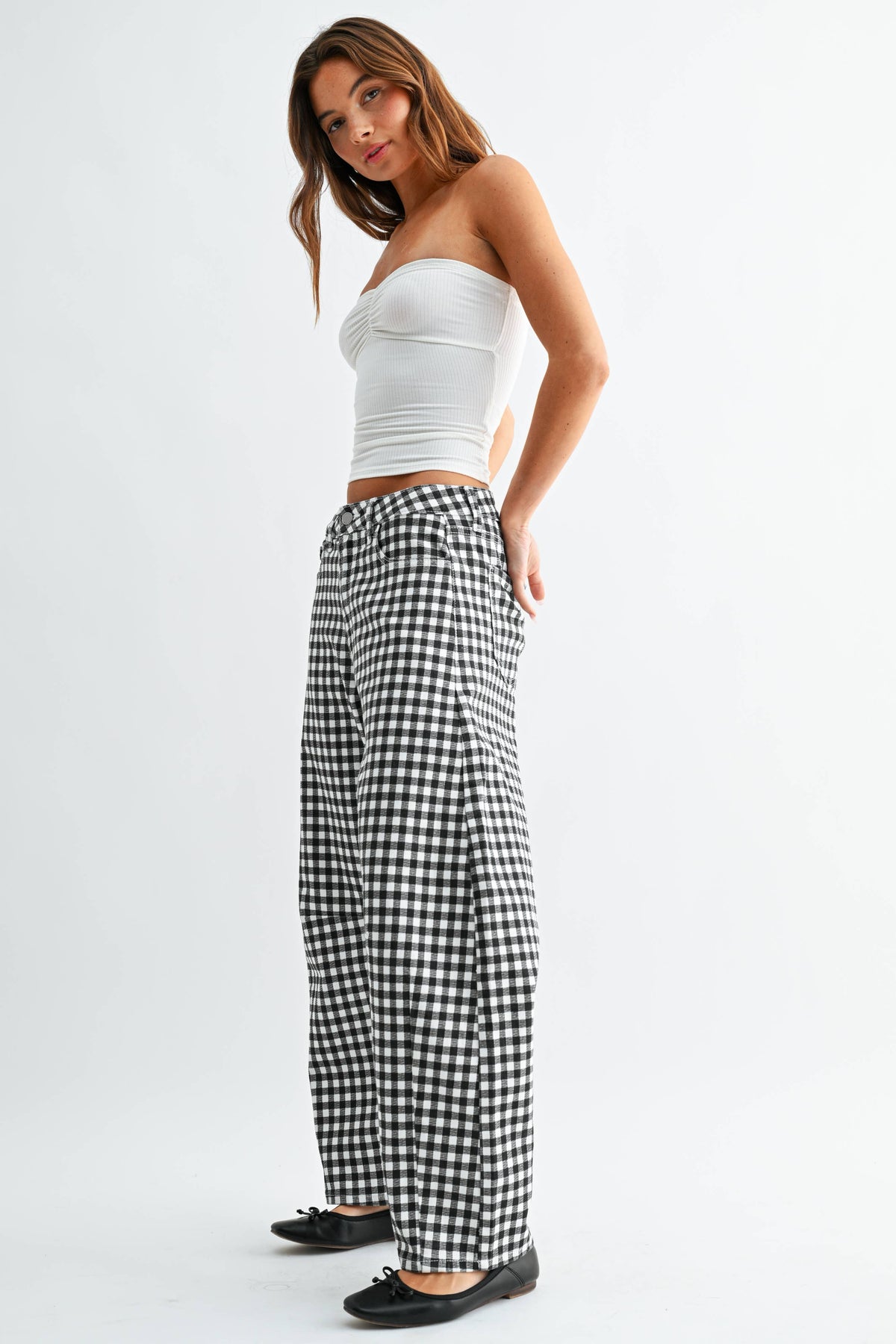 Black Gingham Barrel Jeans