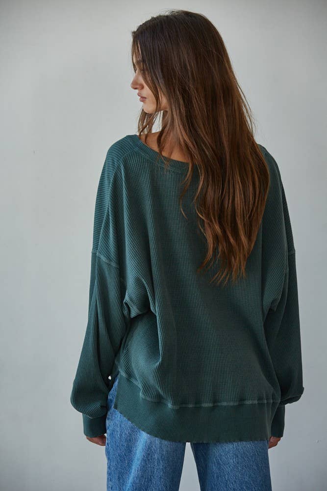 Knit Drop Shoulder Long Sleeve Top with Side Slits