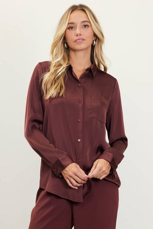 Long Sleeve Satin Button Down Shirt With Pocket