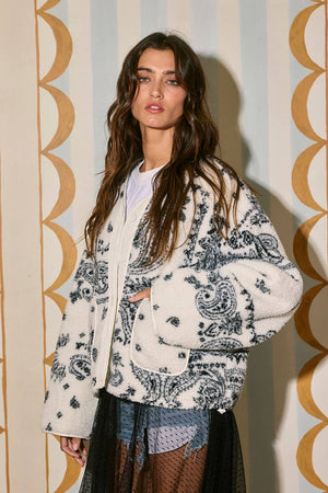 Paisley Print Drop Shoulder Teddy Jacket