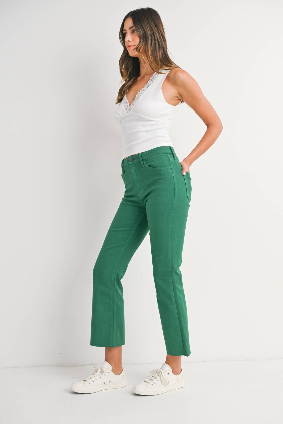 Just Black Denim Green High Rise Tonal Crop Flare Pants