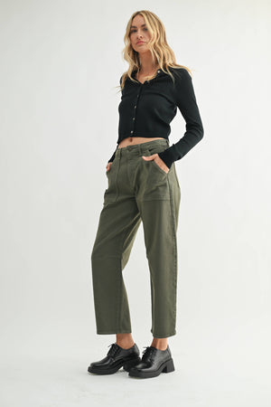 Just Black Denim Olive Utility Seamed Barrel Denim Pants