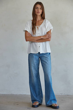 Woven Cotton Nylon Balloon Short Sleeve Top