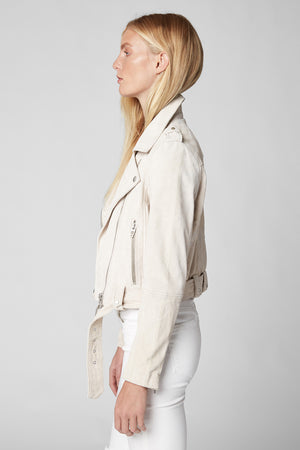 BlankNYC Cropped Suede Moto Jacket in White Sand