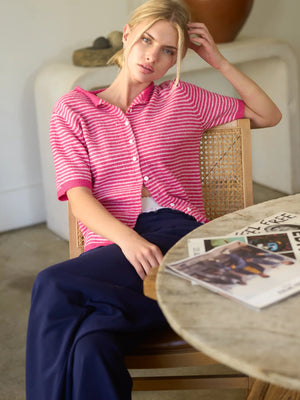 Striped Short Sleeve Essential Button Cardigan