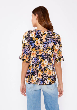 Sienna Split V-Neck Smocked Sleeve Top