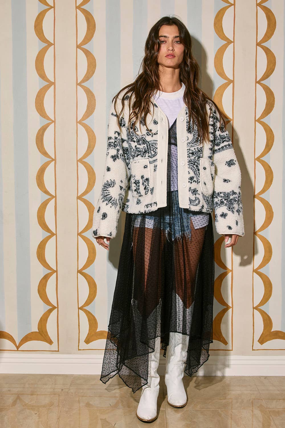 Paisley Print Drop Shoulder Teddy Jacket